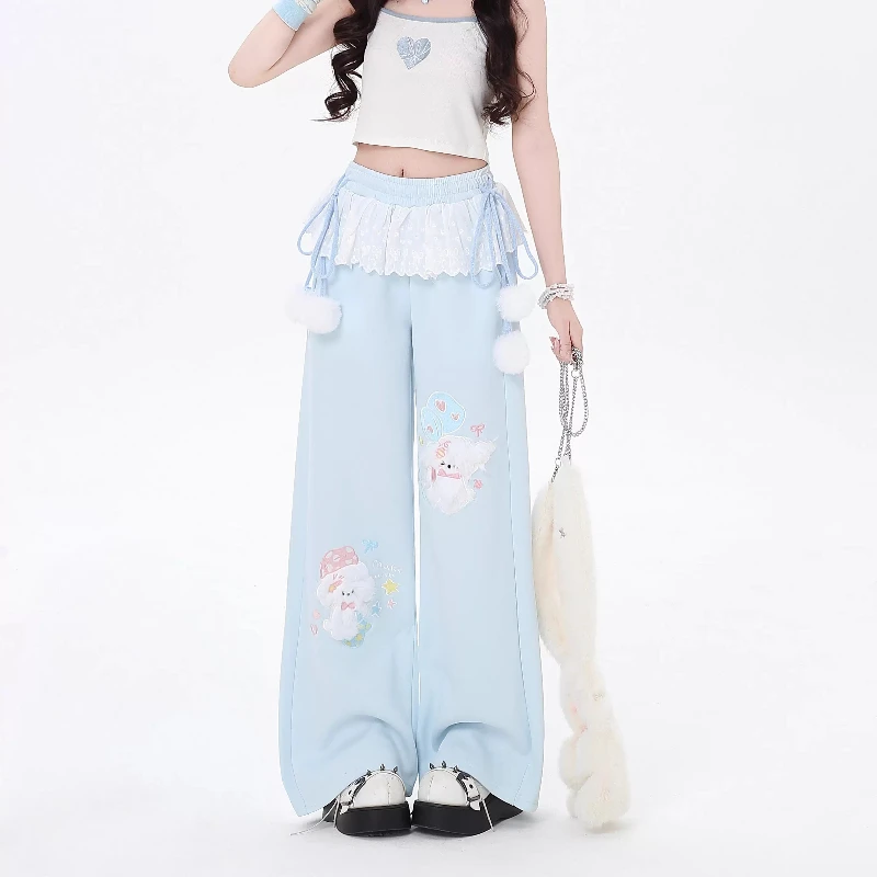 Pink Japanese Kawaii Lolita Style Wide Leg Pants Women Sweet Puppy Embroidery Lace Patchwork Trousers Girls Casual Sweatpants