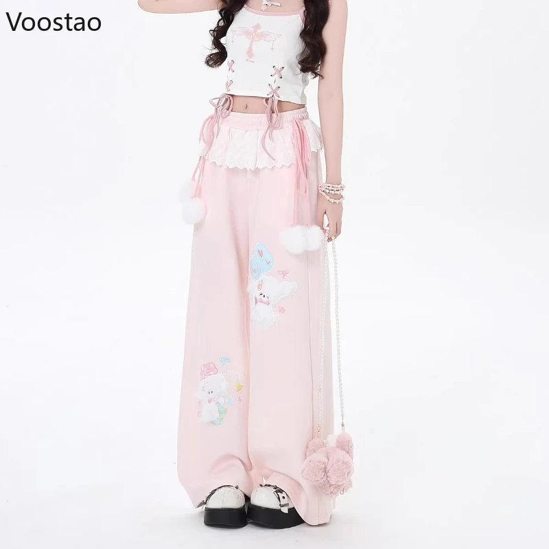 Pink Japanese Kawaii Lolita Style Wide Leg Pants Women Sweet Puppy Embroidery Lace Patchwork Trousers Girls Casual Sweatpants