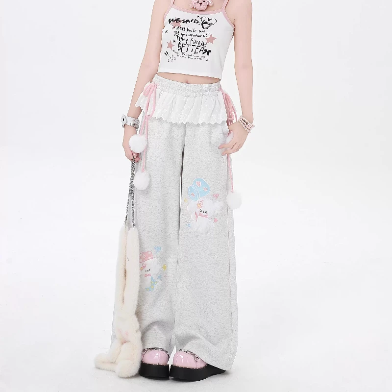 Pink Japanese Kawaii Lolita Style Wide Leg Pants Women Sweet Puppy Embroidery Lace Patchwork Trousers Girls Casual Sweatpants
