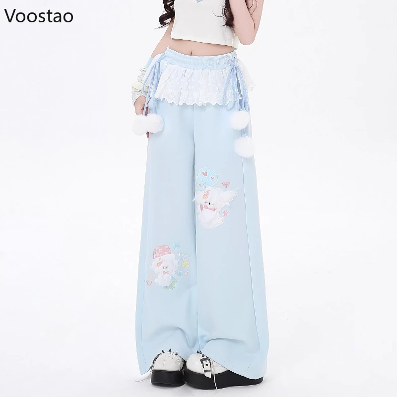 Pink Japanese Kawaii Lolita Style Wide Leg Pants Women Sweet Puppy Embroidery Lace Patchwork Trousers Girls Casual Sweatpants