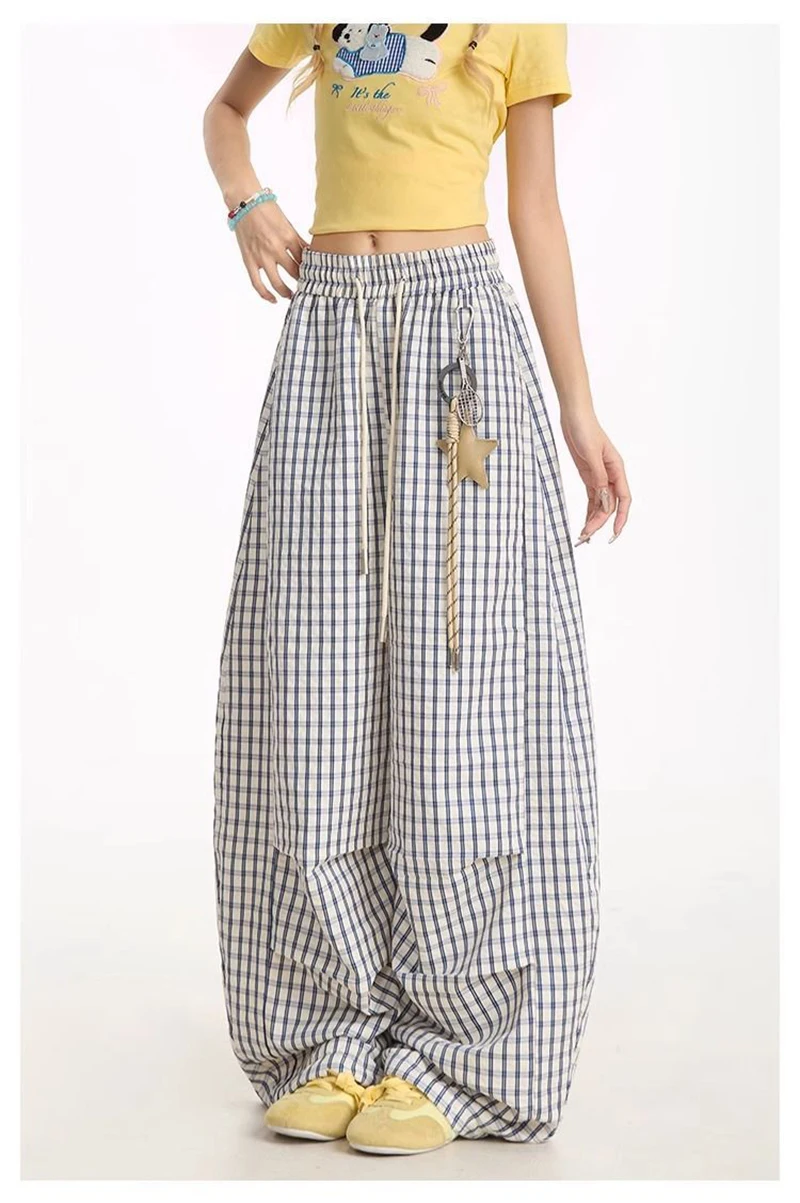 Jmprs Loose Casual Plaid Wide Leg Pant Women High Waist Vintage Straight Trousers Summer Oversize Simple Lace Up Lady Pants New
