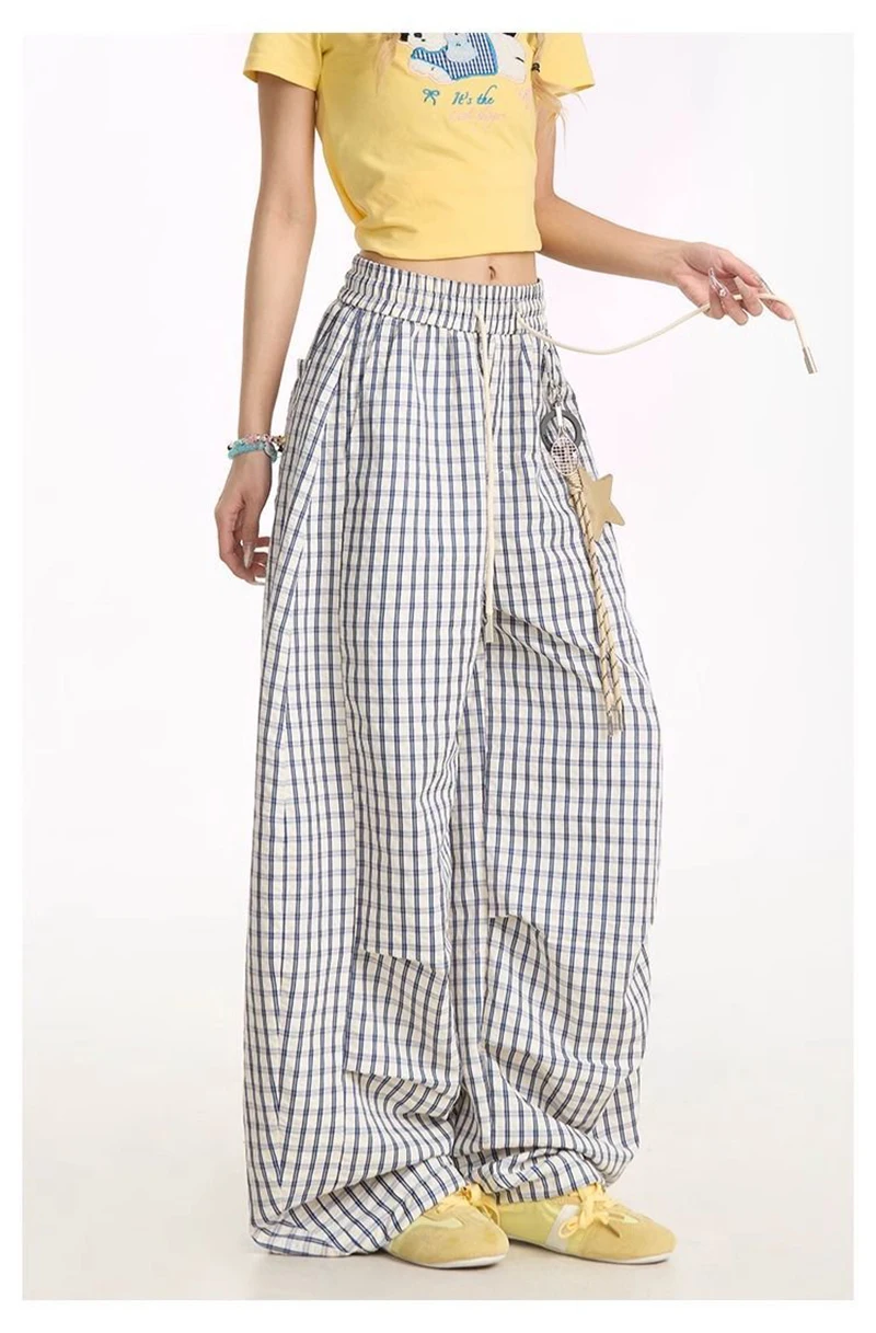 Jmprs Loose Casual Plaid Wide Leg Pant Women High Waist Vintage Straight Trousers Summer Oversize Simple Lace Up Lady Pants New