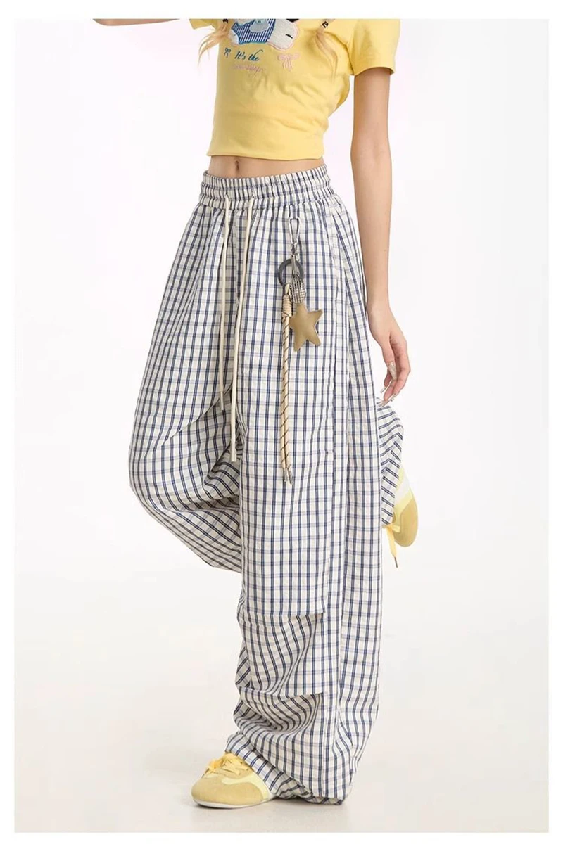 Jmprs Loose Casual Plaid Wide Leg Pant Women High Waist Vintage Straight Trousers Summer Oversize Simple Lace Up Lady Pants New