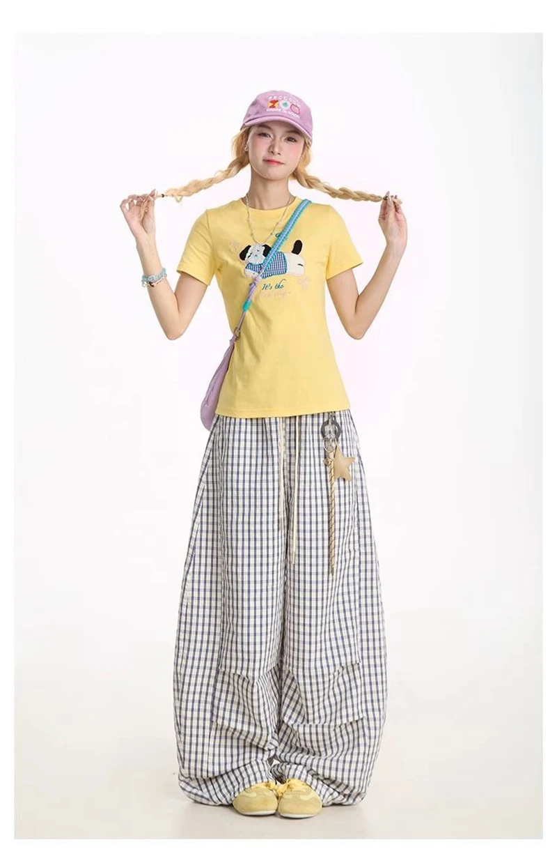 Jmprs Loose Casual Plaid Wide Leg Pant Women High Waist Vintage Straight Trousers Summer Oversize Simple Lace Up Lady Pants New