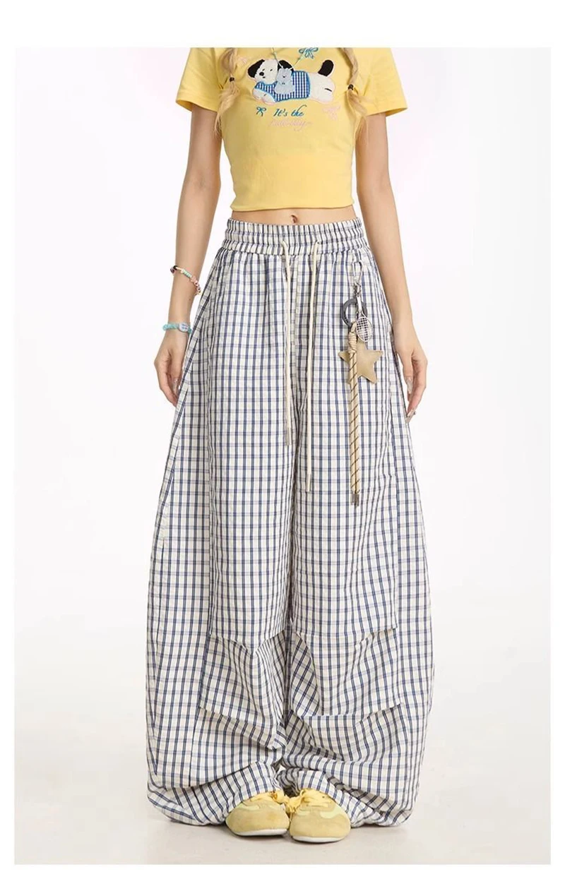 Jmprs Loose Casual Plaid Wide Leg Pant Women High Waist Vintage Straight Trousers Summer Oversize Simple Lace Up Lady Pants New