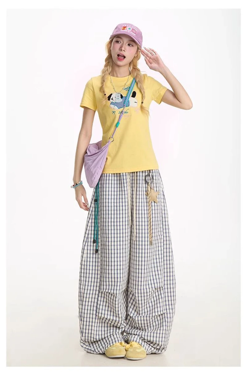 Jmprs Loose Casual Plaid Wide Leg Pant Women High Waist Vintage Straight Trousers Summer Oversize Simple Lace Up Lady Pants New