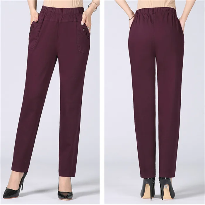 White Women's Trousers 5XL Spring Summer Autumn Female Stretch Waist Cotton Straight pants Middle aged lady Solid Casual Pants
