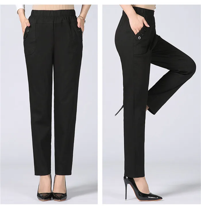 White Women's Trousers 5XL Spring Summer Autumn Female Stretch Waist Cotton Straight pants Middle aged lady Solid Casual Pants