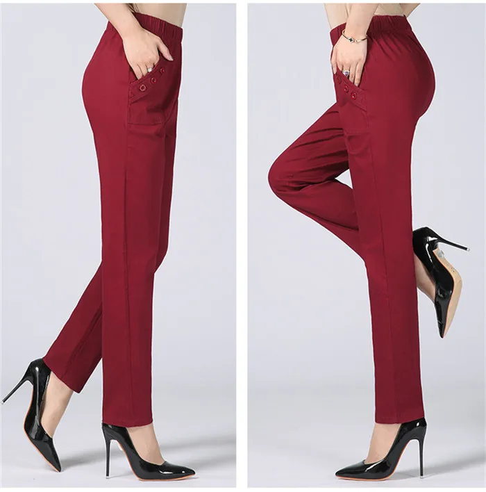 White Women's Trousers 5XL Spring Summer Autumn Female Stretch Waist Cotton Straight pants Middle aged lady Solid Casual Pants