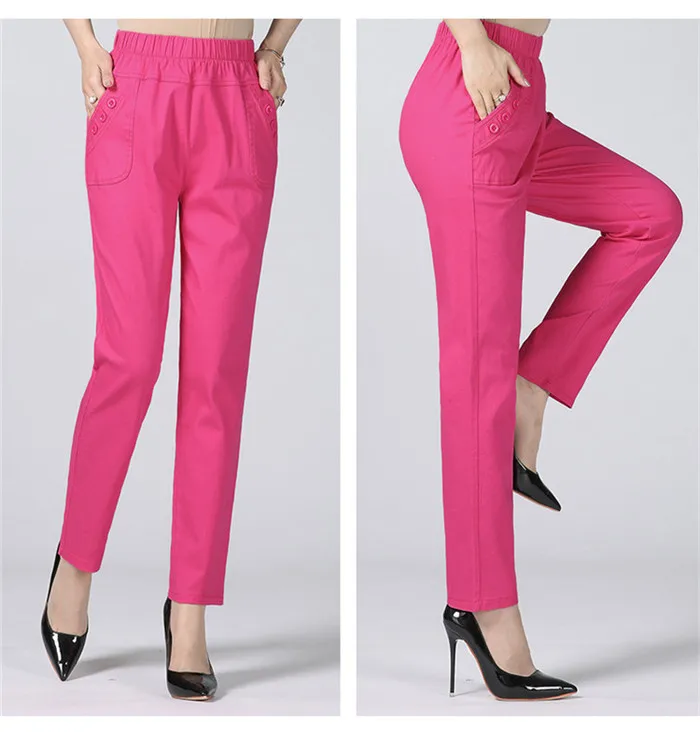 White Women's Trousers 5XL Spring Summer Autumn Female Stretch Waist Cotton Straight pants Middle aged lady Solid Casual Pants