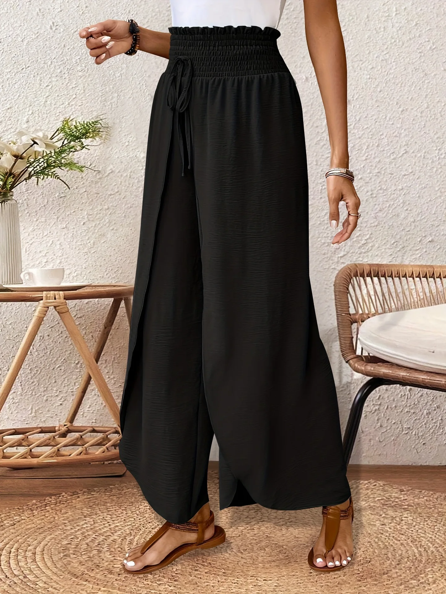 Women's Wide Leg Pants with Asymmetric Hem High Waist Elastic Drawstring Casual Trousers for Summer Vacation Outfit Y2k Clothing