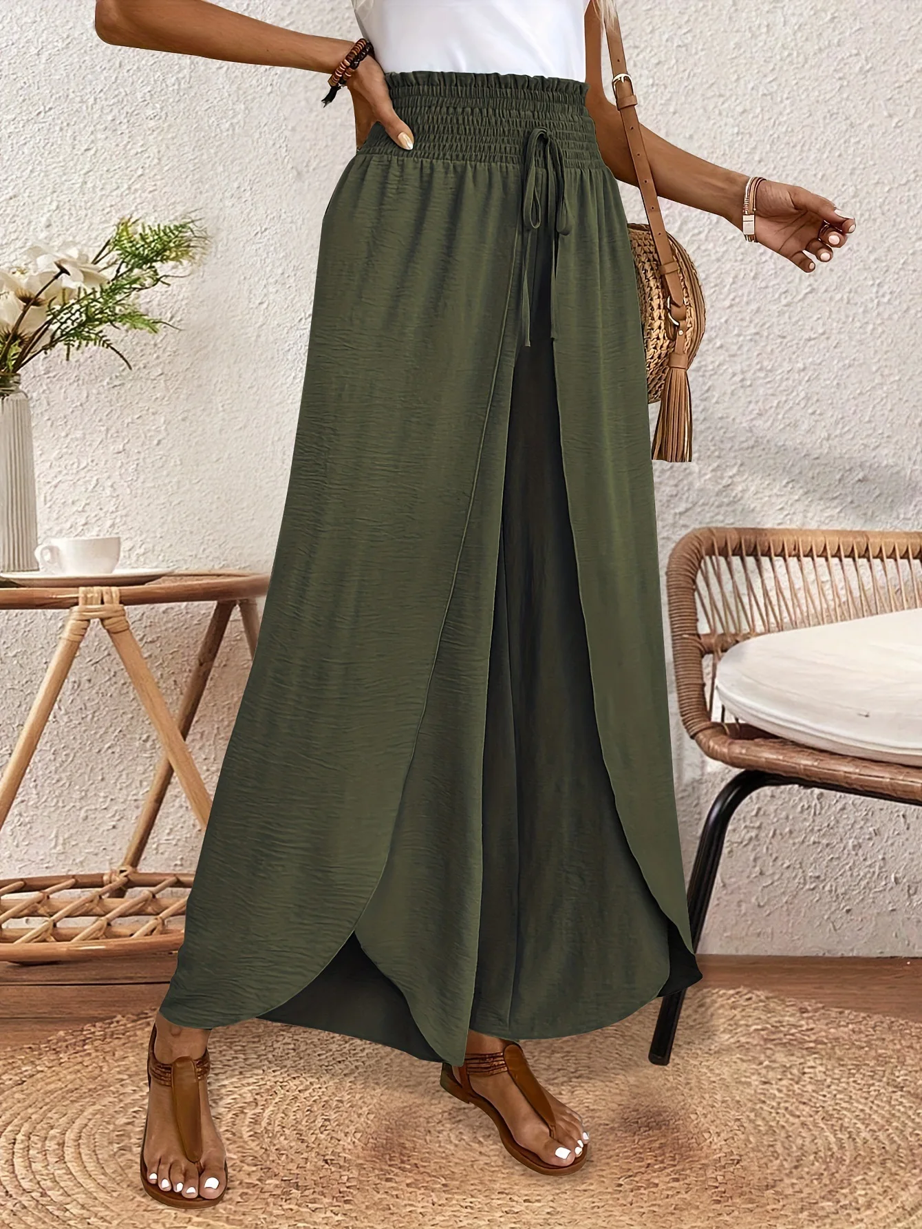Women's Wide Leg Pants with Asymmetric Hem High Waist Elastic Drawstring Casual Trousers for Summer Vacation Outfit Y2k Clothing