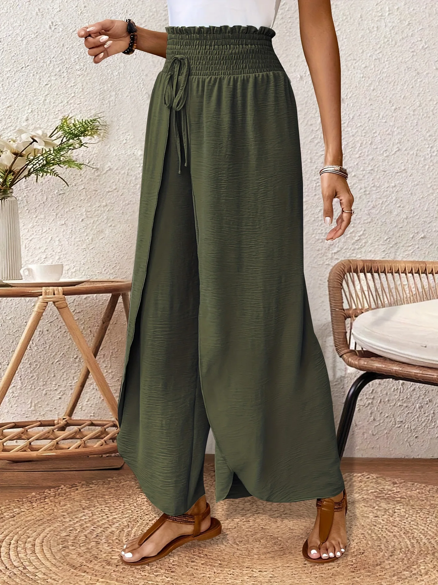 Women's Wide Leg Pants with Asymmetric Hem High Waist Elastic Drawstring Casual Trousers for Summer Vacation Outfit Y2k Clothing