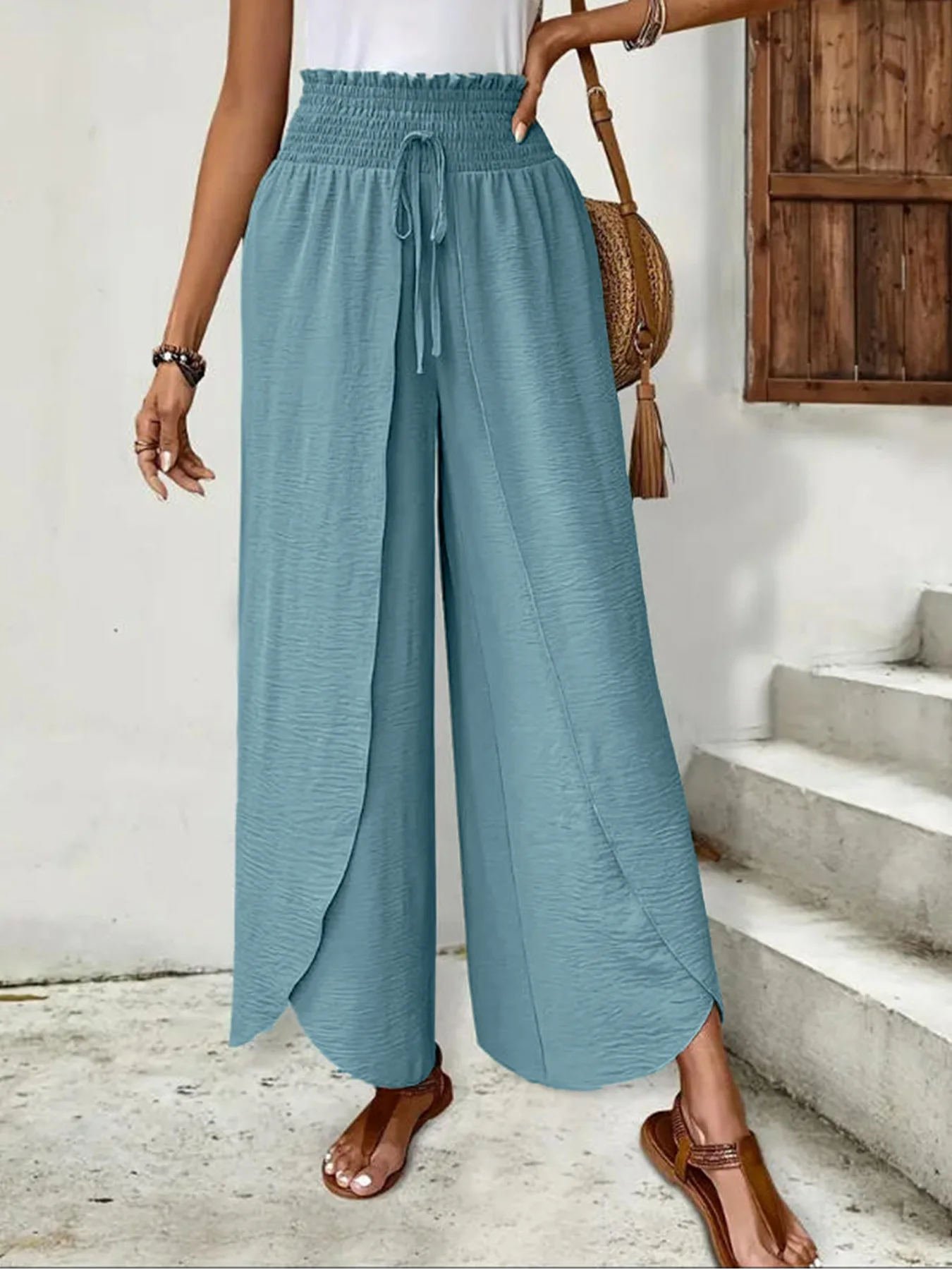 Women's Wide Leg Pants with Asymmetric Hem High Waist Elastic Drawstring Casual Trousers for Summer Vacation Outfit Y2k Clothing