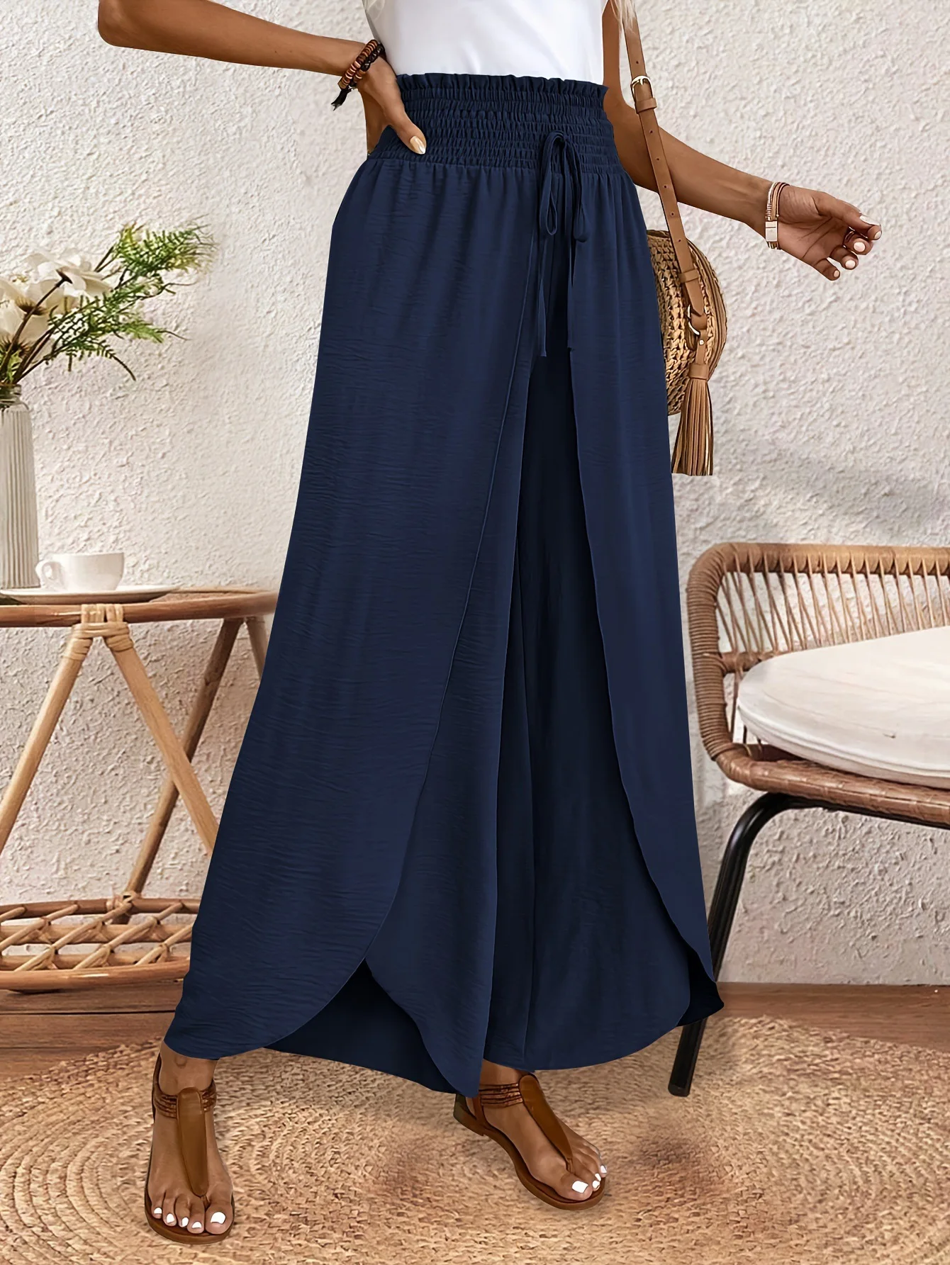 Women's Wide Leg Pants with Asymmetric Hem High Waist Elastic Drawstring Casual Trousers for Summer Vacation Outfit Y2k Clothing