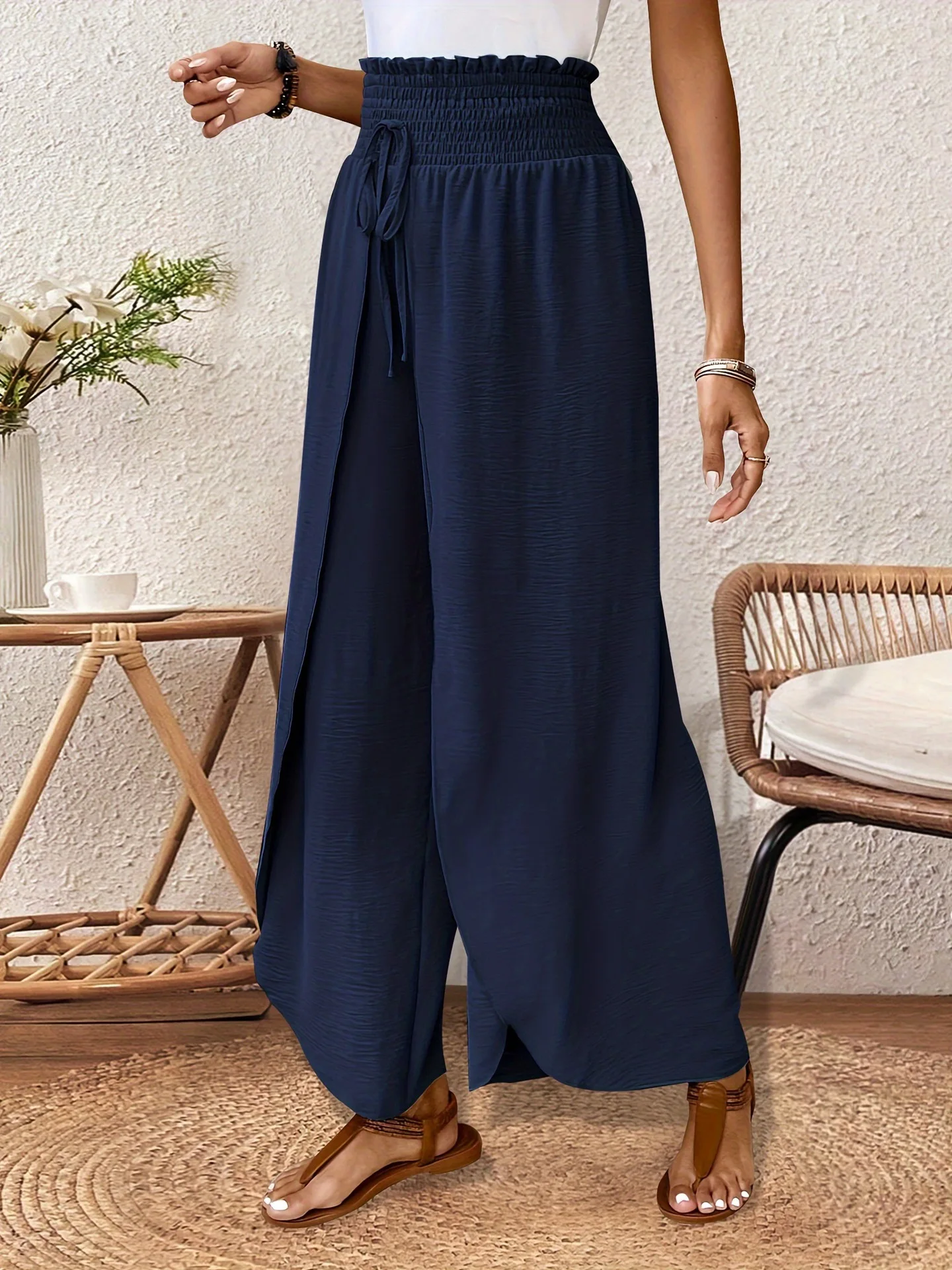 Women's Wide Leg Pants with Asymmetric Hem High Waist Elastic Drawstring Casual Trousers for Summer Vacation Outfit Y2k Clothing