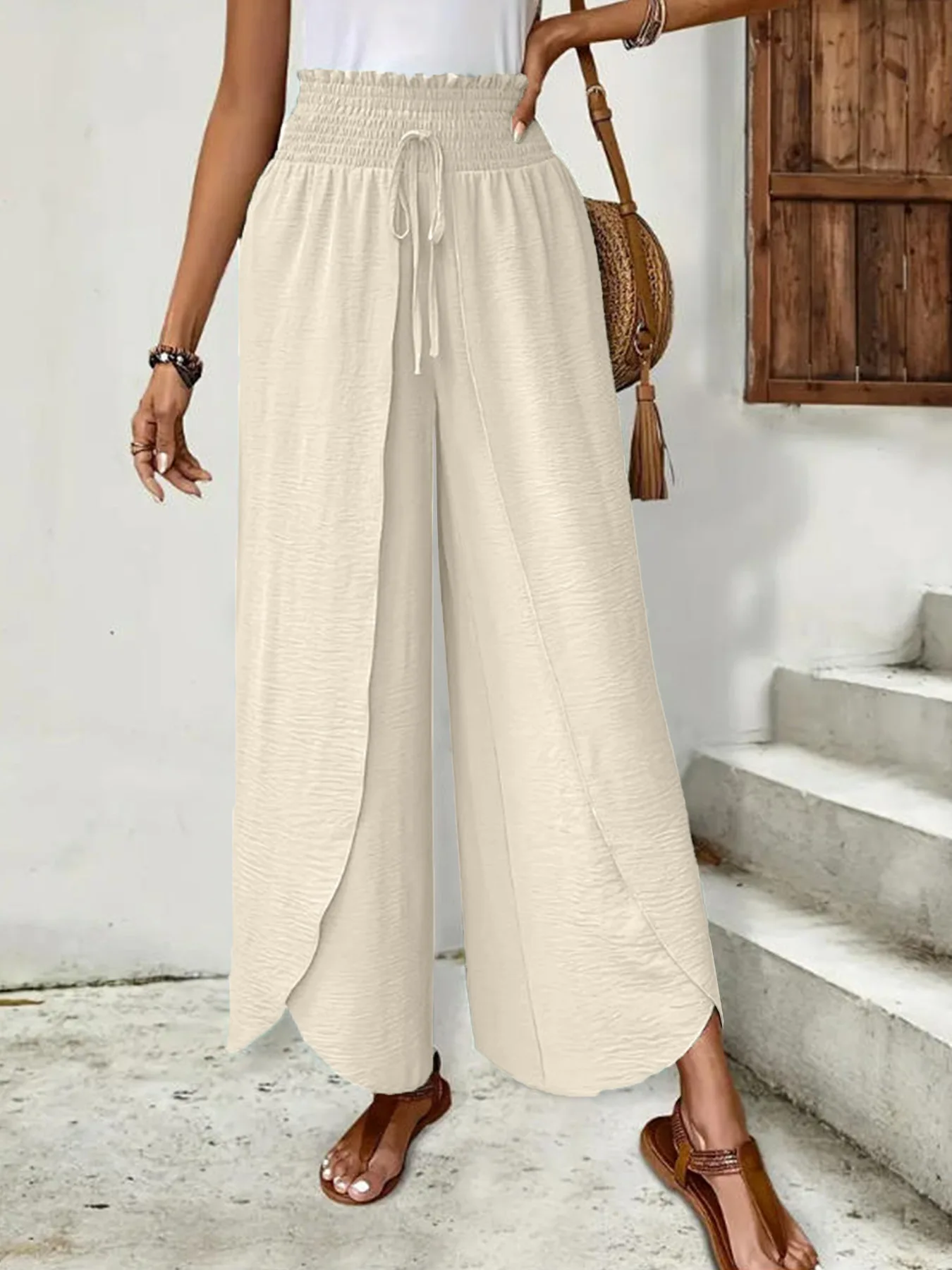 Women's Wide Leg Pants with Asymmetric Hem High Waist Elastic Drawstring Casual Trousers for Summer Vacation Outfit Y2k Clothing
