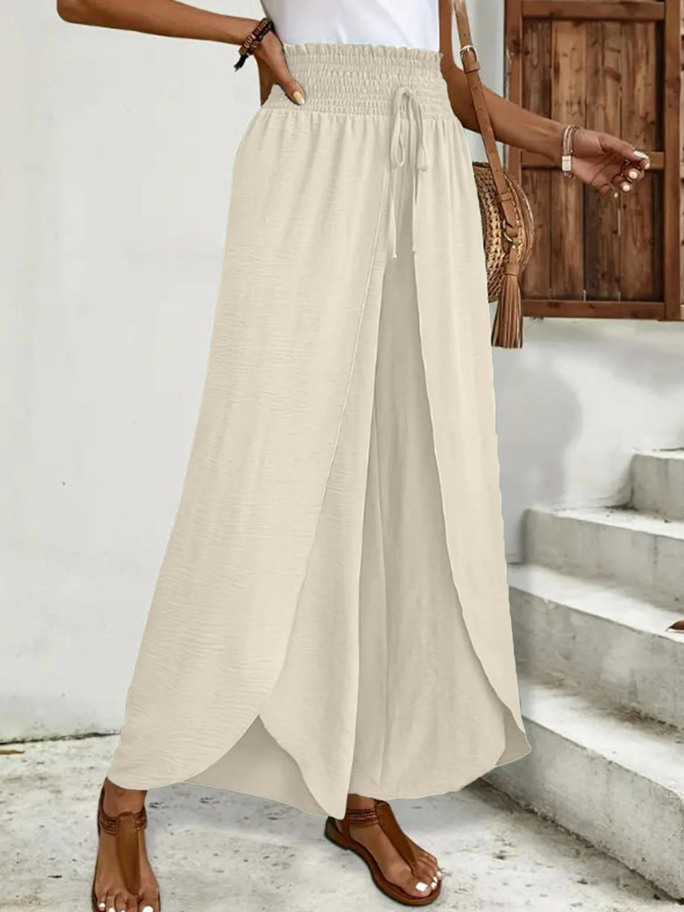 Women's Wide Leg Pants with Asymmetric Hem High Waist Elastic Drawstring Casual Trousers for Summer Vacation Outfit Y2k Clothing