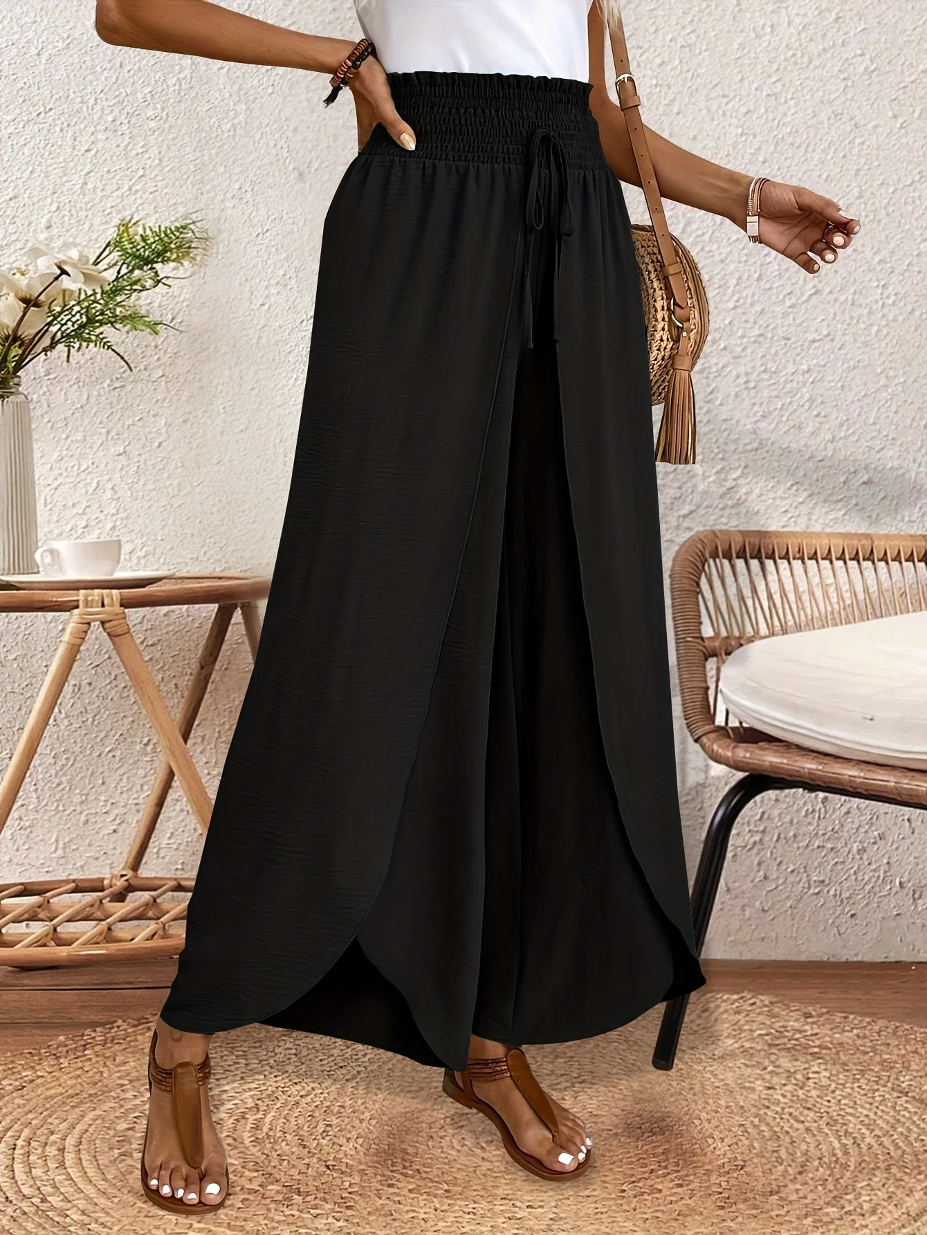 Women's Wide Leg Pants with Asymmetric Hem High Waist Elastic Drawstring Casual Trousers for Summer Vacation Outfit Y2k Clothing