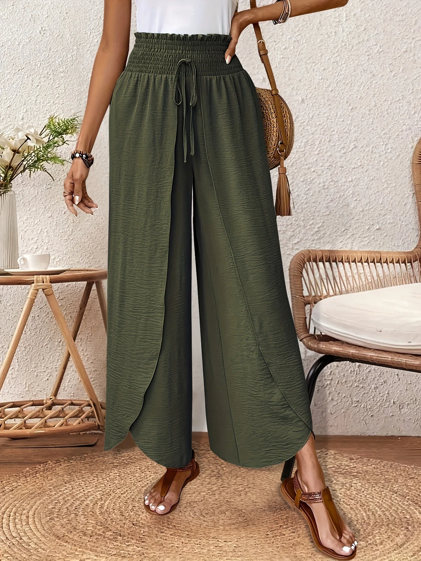 Women's Wide Leg Pants with Asymmetric Hem High Waist Elastic Drawstring Casual Trousers for Summer Vacation Outfit Y2k Clothing