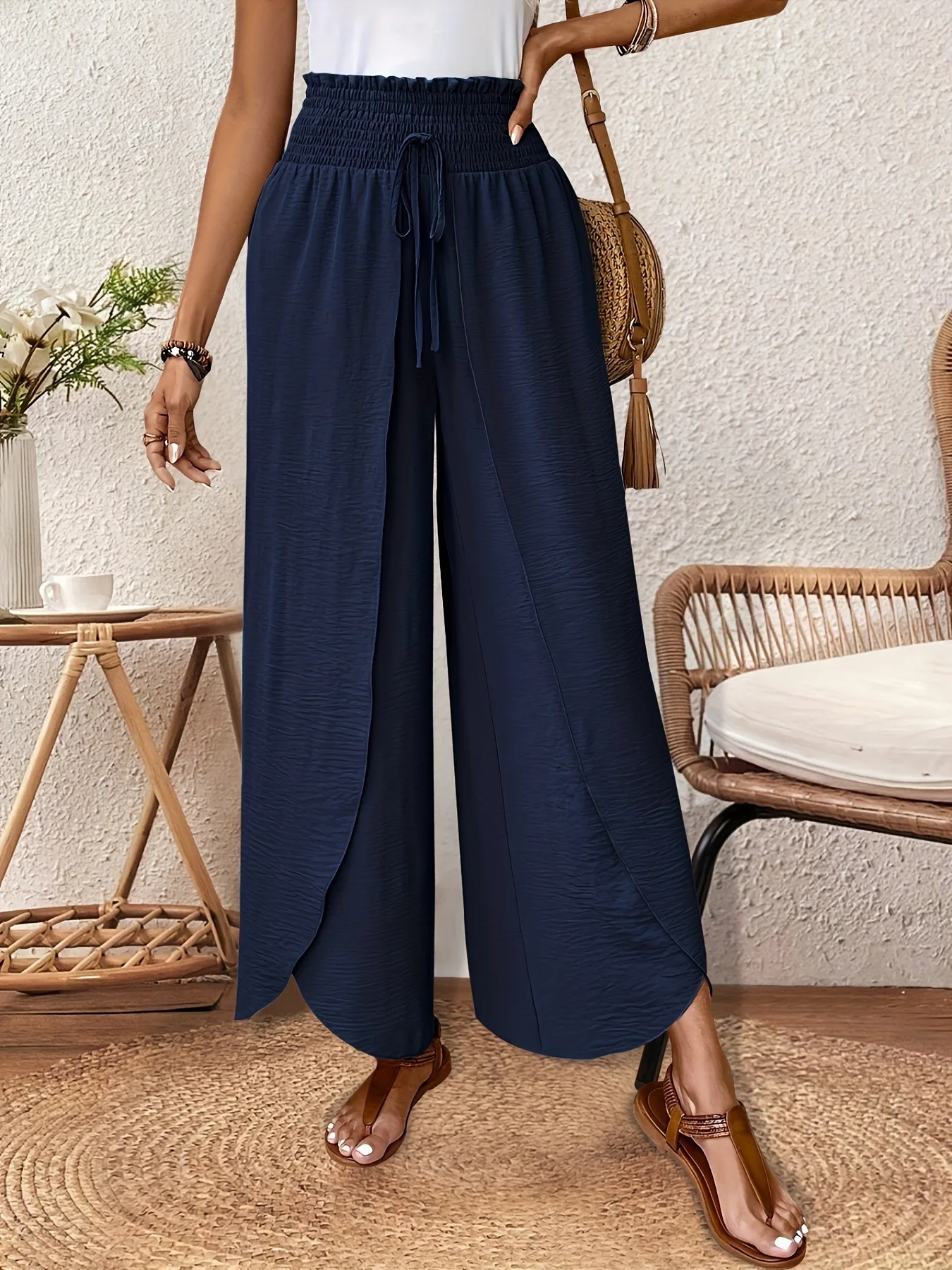 Women's Wide Leg Pants with Asymmetric Hem High Waist Elastic Drawstring Casual Trousers for Summer Vacation Outfit Y2k Clothing