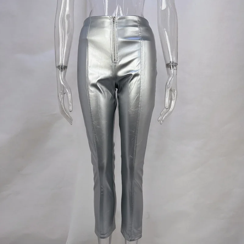 Women High Cut Fashion PU Leather Pencil Pants 2024 American And European Sexy Zipper Fly Legging Lady Slim Faux Leather Outfits