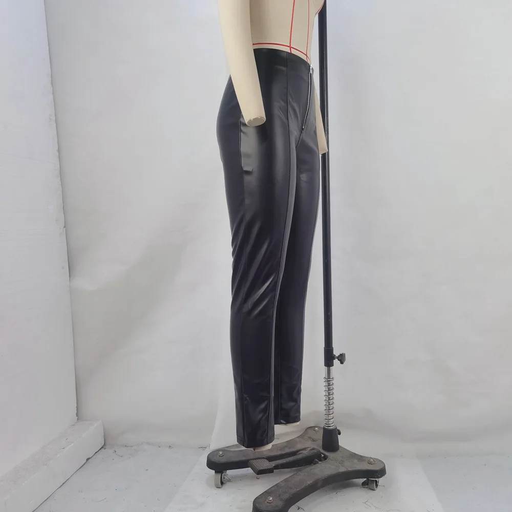 Women High Cut Fashion PU Leather Pencil Pants 2024 American And European Sexy Zipper Fly Legging Lady Slim Faux Leather Outfits