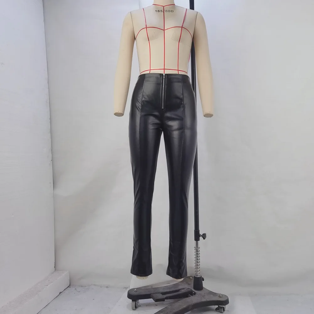 Women High Cut Fashion PU Leather Pencil Pants 2024 American And European Sexy Zipper Fly Legging Lady Slim Faux Leather Outfits