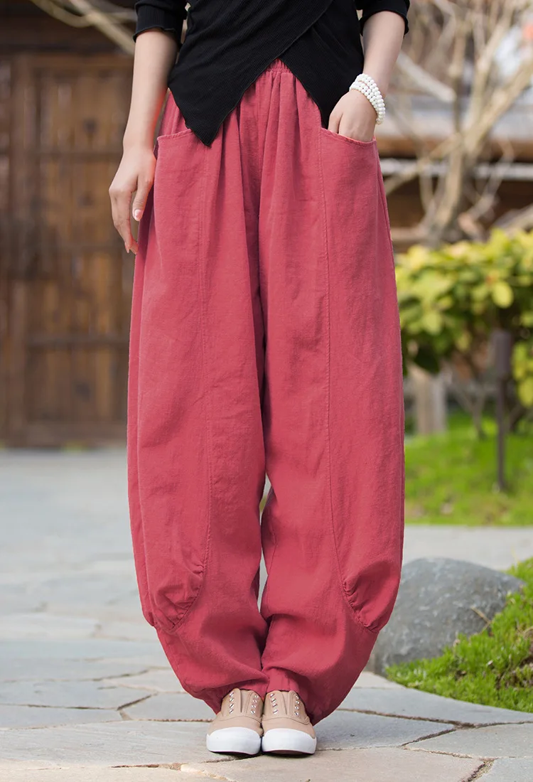 Johnature Women Casual Linen Wide Leg Pants Elastic Waist Solid Color Trouser Spring New 2026 Pockets Loose Vintage Long Pants