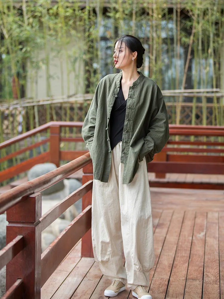 Johnature Women Casual Linen Wide Leg Pants Elastic Waist Solid Color Trouser Spring New 2026 Pockets Loose Vintage Long Pants