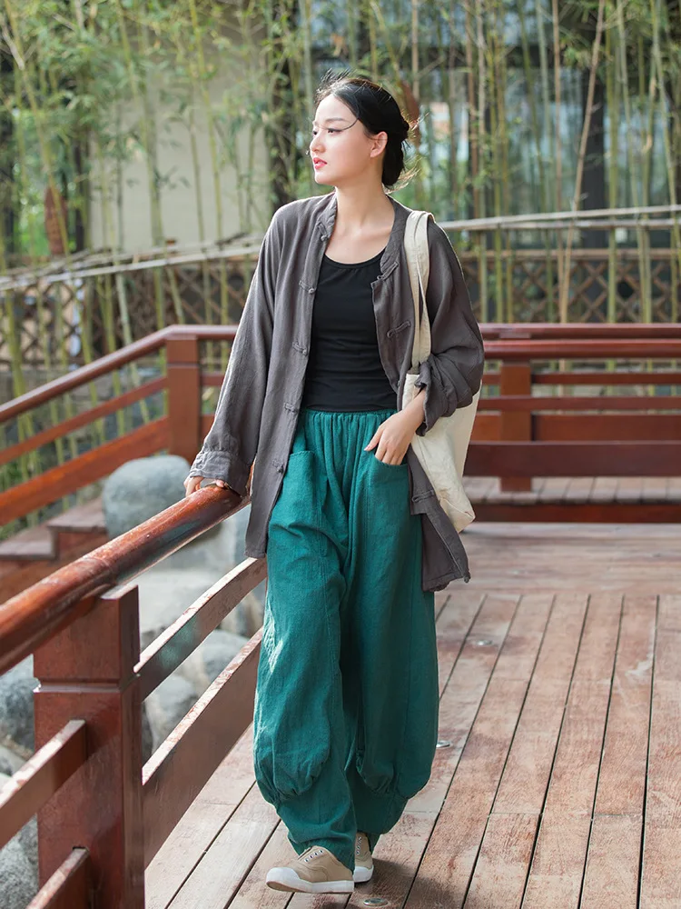 Johnature Women Casual Linen Wide Leg Pants Elastic Waist Solid Color Trouser Spring New 2026 Pockets Loose Vintage Long Pants