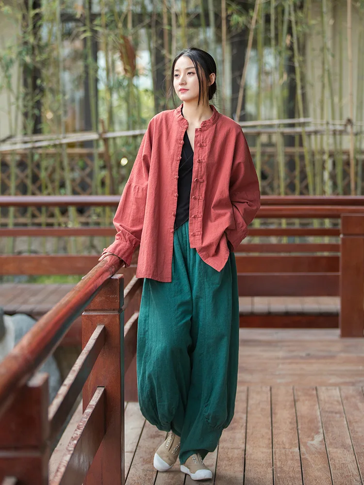 Johnature Women Casual Linen Wide Leg Pants Elastic Waist Solid Color Trouser Spring New 2026 Pockets Loose Vintage Long Pants