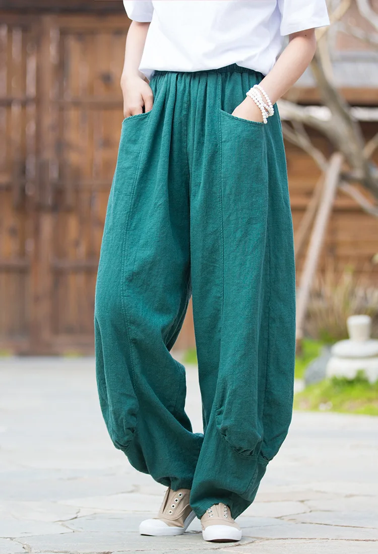 Johnature Women Casual Linen Wide Leg Pants Elastic Waist Solid Color Trouser Spring New 2026 Pockets Loose Vintage Long Pants