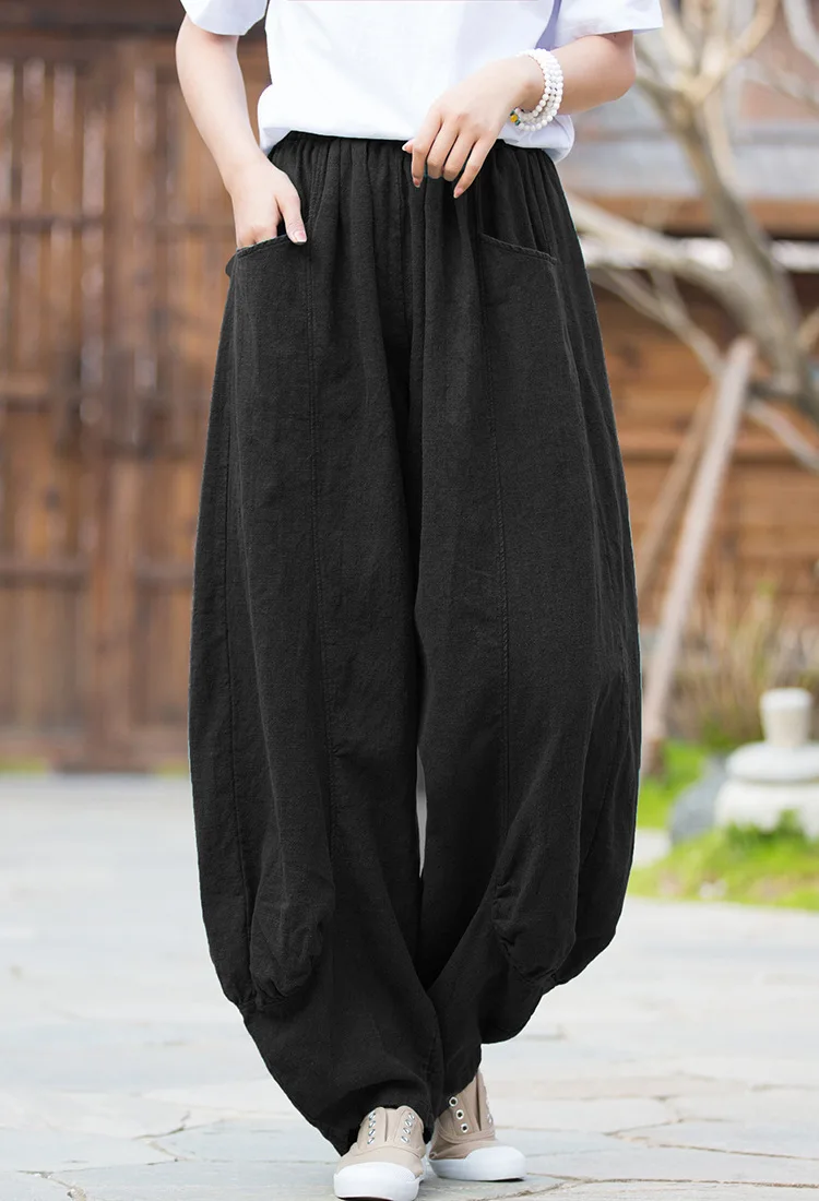 Johnature Women Casual Linen Wide Leg Pants Elastic Waist Solid Color Trouser Spring New 2026 Pockets Loose Vintage Long Pants