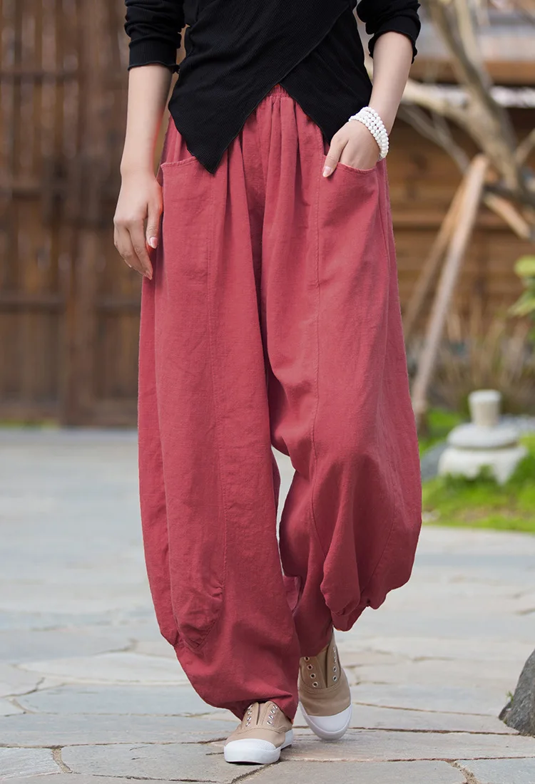 Johnature Women Casual Linen Wide Leg Pants Elastic Waist Solid Color Trouser Spring New 2026 Pockets Loose Vintage Long Pants