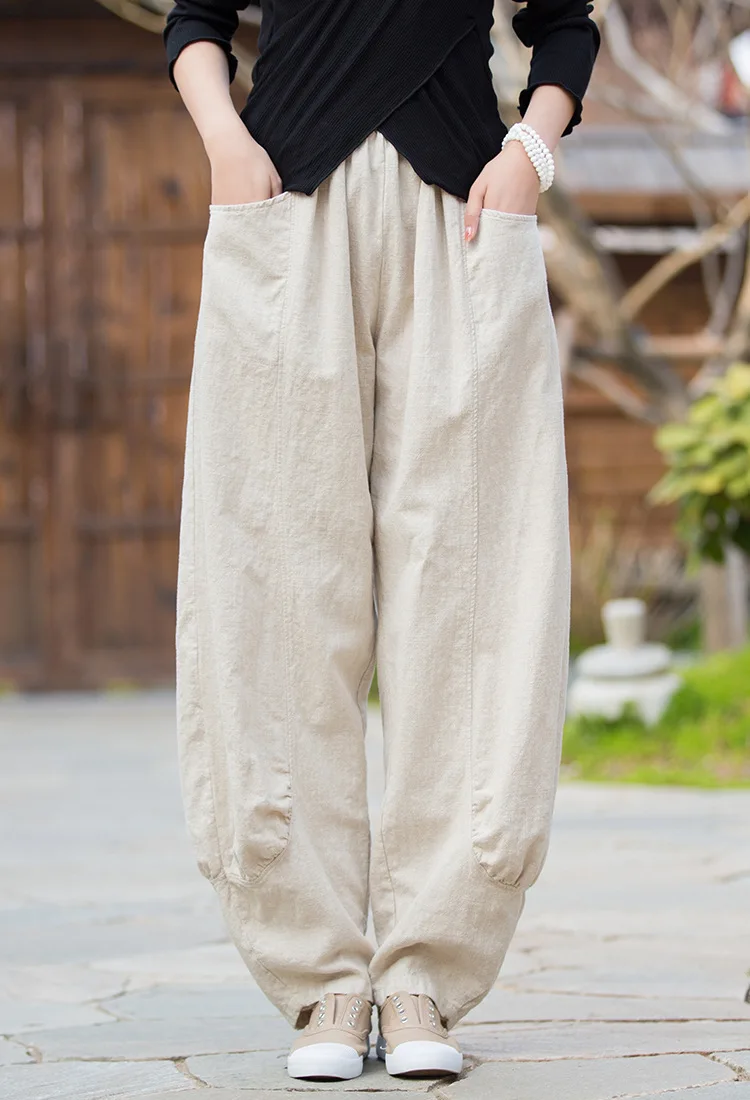 Johnature Women Casual Linen Wide Leg Pants Elastic Waist Solid Color Trouser Spring New 2026 Pockets Loose Vintage Long Pants