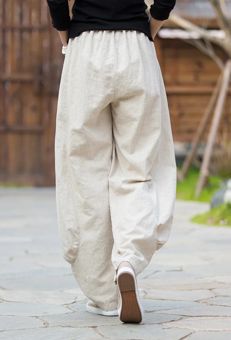 Johnature Women Casual Linen Wide Leg Pants Elastic Waist Solid Color Trouser Spring New 2026 Pockets Loose Vintage Long Pants