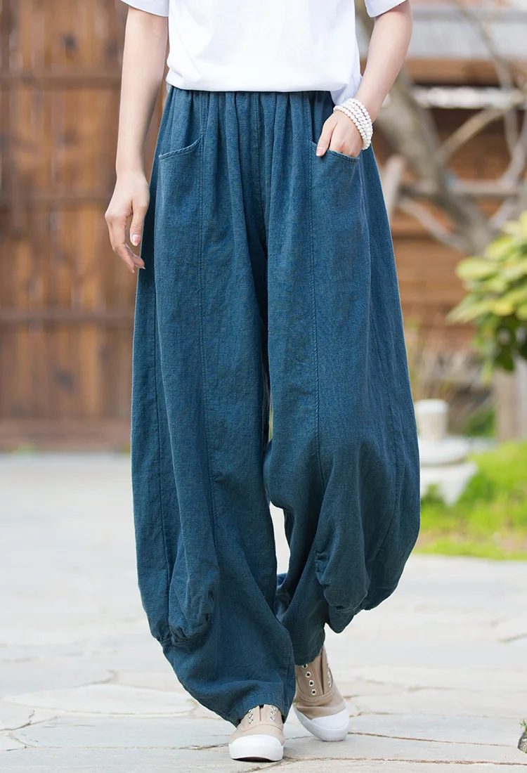 Johnature Women Casual Linen Wide Leg Pants Elastic Waist Solid Color Trouser Spring New 2026 Pockets Loose Vintage Long Pants