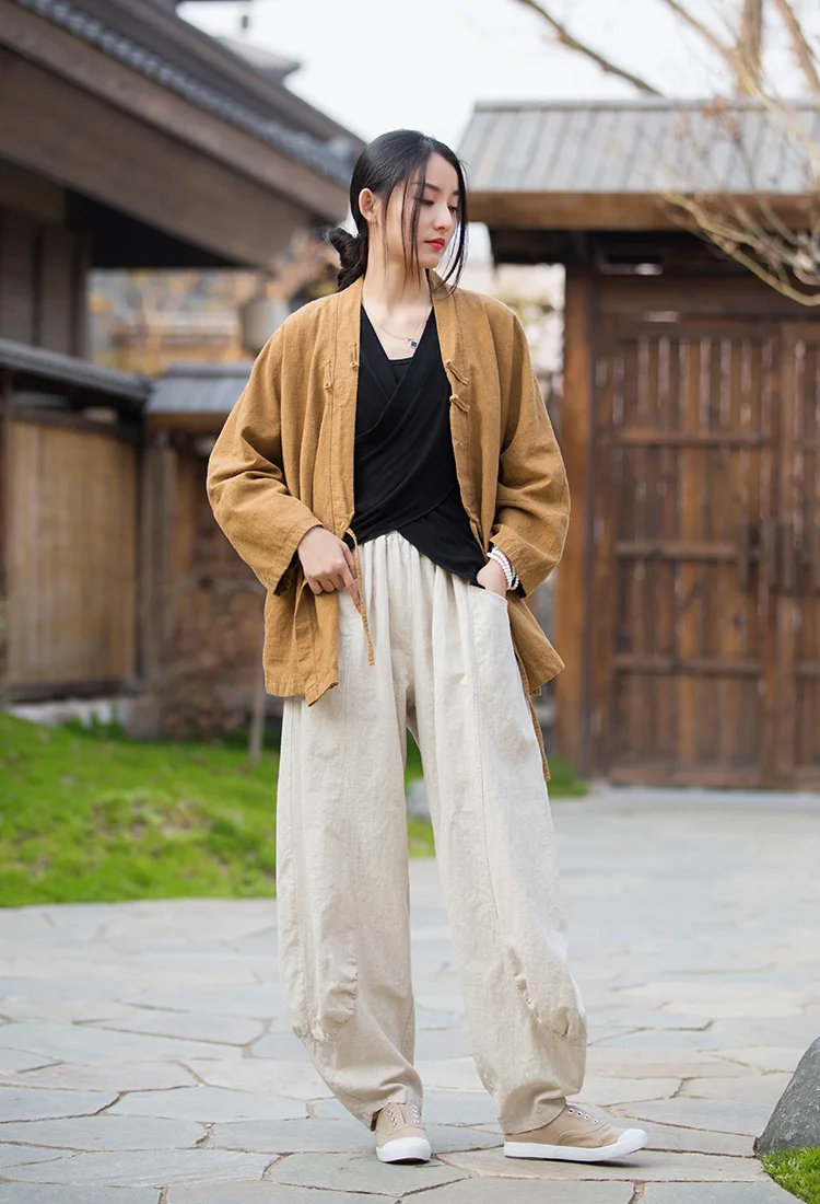 Johnature Women Casual Linen Wide Leg Pants Elastic Waist Solid Color Trouser Spring New 2026 Pockets Loose Vintage Long Pants