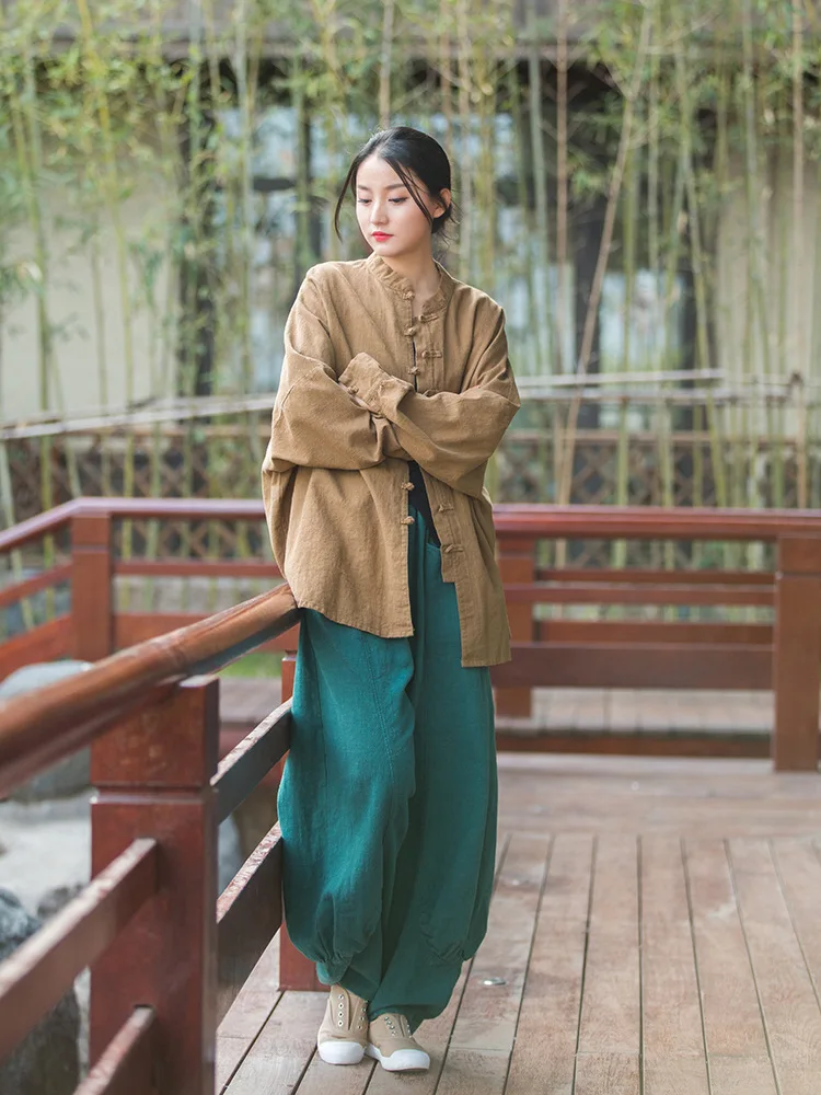 Johnature Women Casual Linen Wide Leg Pants Elastic Waist Solid Color Trouser Spring New 2026 Pockets Loose Vintage Long Pants