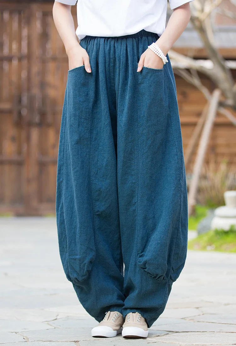Johnature Women Casual Linen Wide Leg Pants Elastic Waist Solid Color Trouser Spring New 2026 Pockets Loose Vintage Long Pants