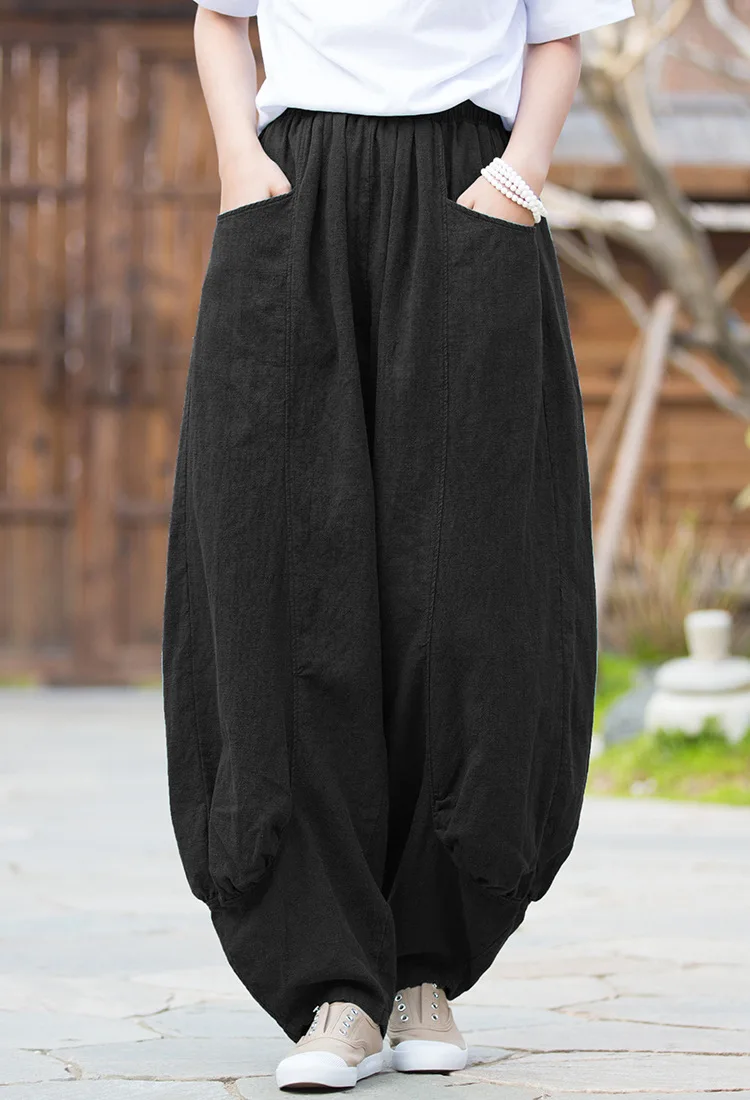 Johnature Women Casual Linen Wide Leg Pants Elastic Waist Solid Color Trouser Spring New 2026 Pockets Loose Vintage Long Pants