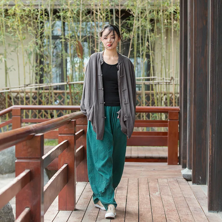 Johnature Women Casual Linen Wide Leg Pants Elastic Waist Solid Color Trouser Spring New 2026 Pockets Loose Vintage Long Pants