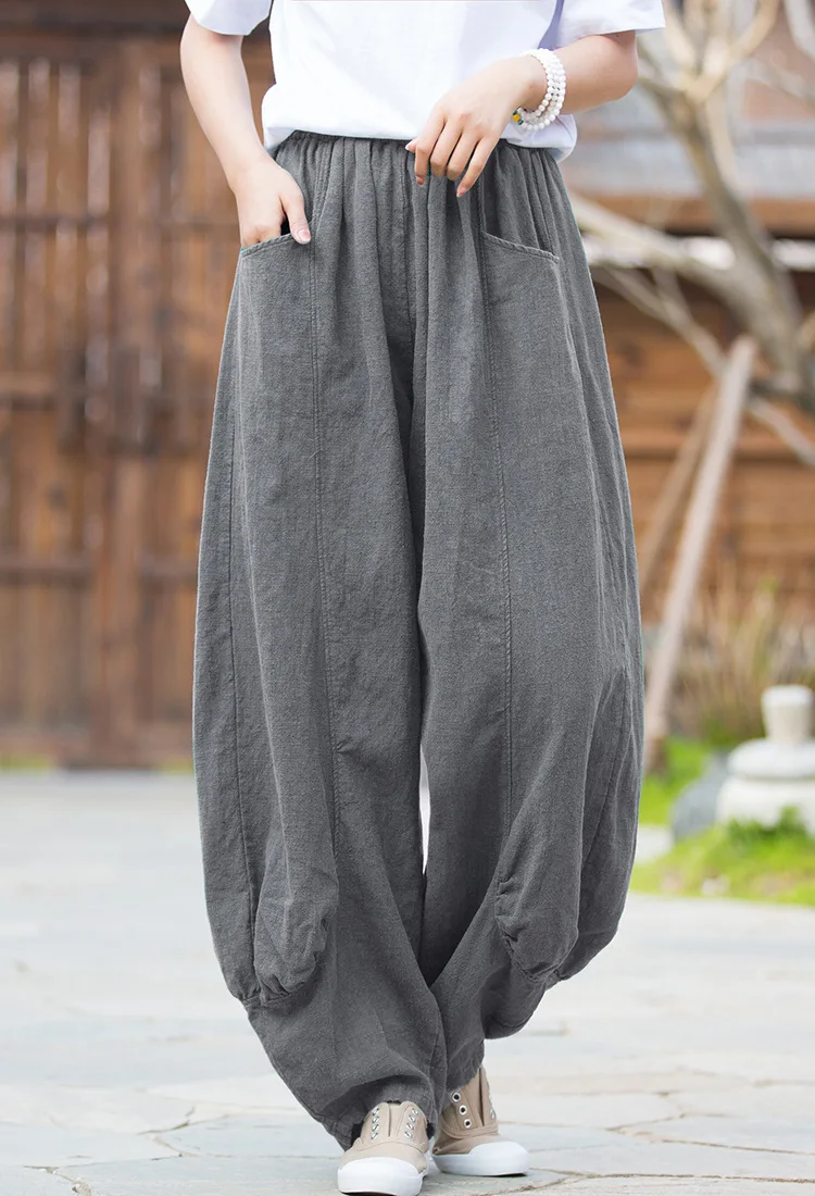 Johnature Women Casual Linen Wide Leg Pants Elastic Waist Solid Color Trouser Spring New 2026 Pockets Loose Vintage Long Pants