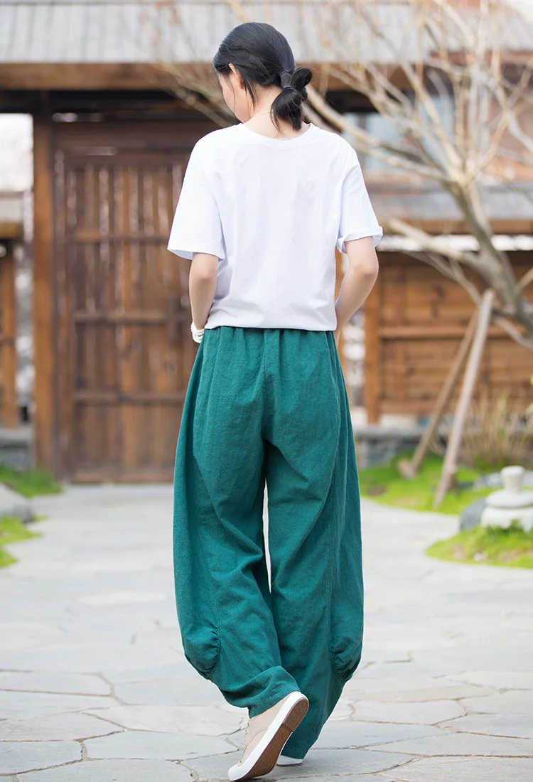Johnature Women Casual Linen Wide Leg Pants Elastic Waist Solid Color Trouser Spring New 2026 Pockets Loose Vintage Long Pants