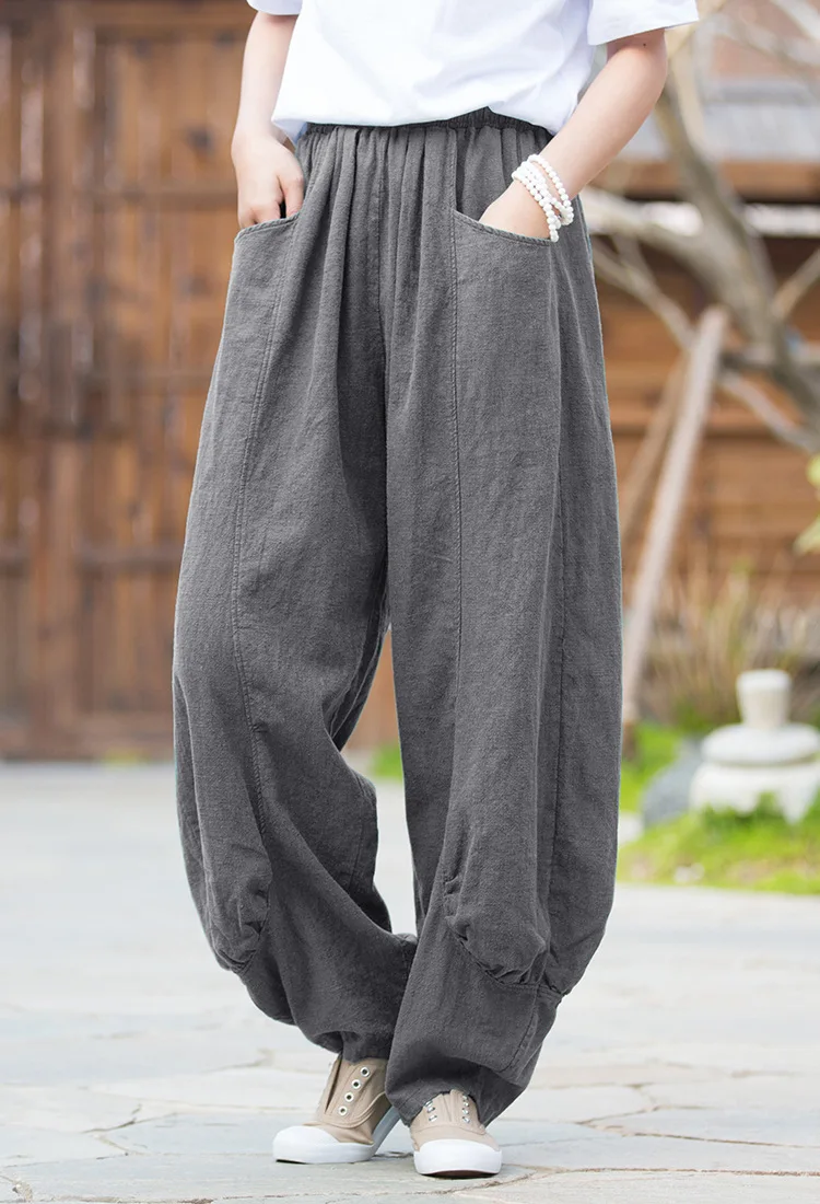 Johnature Women Casual Linen Wide Leg Pants Elastic Waist Solid Color Trouser Spring New 2026 Pockets Loose Vintage Long Pants