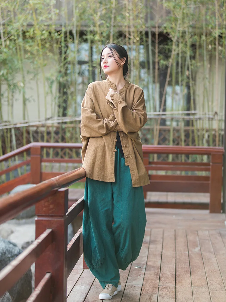 Johnature Women Casual Linen Wide Leg Pants Elastic Waist Solid Color Trouser Spring New 2026 Pockets Loose Vintage Long Pants