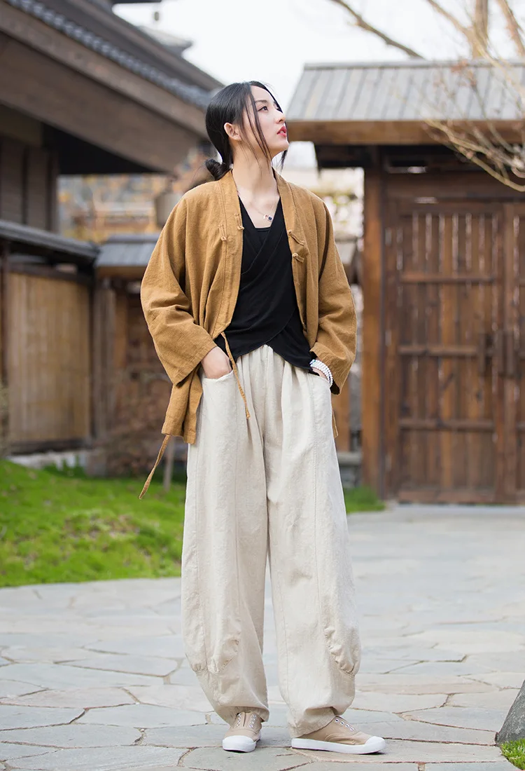 Johnature Women Casual Linen Wide Leg Pants Elastic Waist Solid Color Trouser Spring New 2026 Pockets Loose Vintage Long Pants