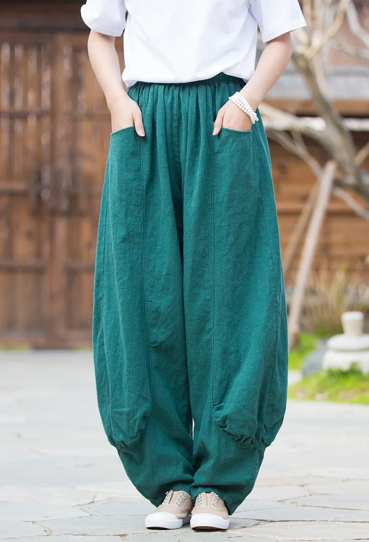 Johnature Women Casual Linen Wide Leg Pants Elastic Waist Solid Color Trouser Spring New 2026 Pockets Loose Vintage Long Pants