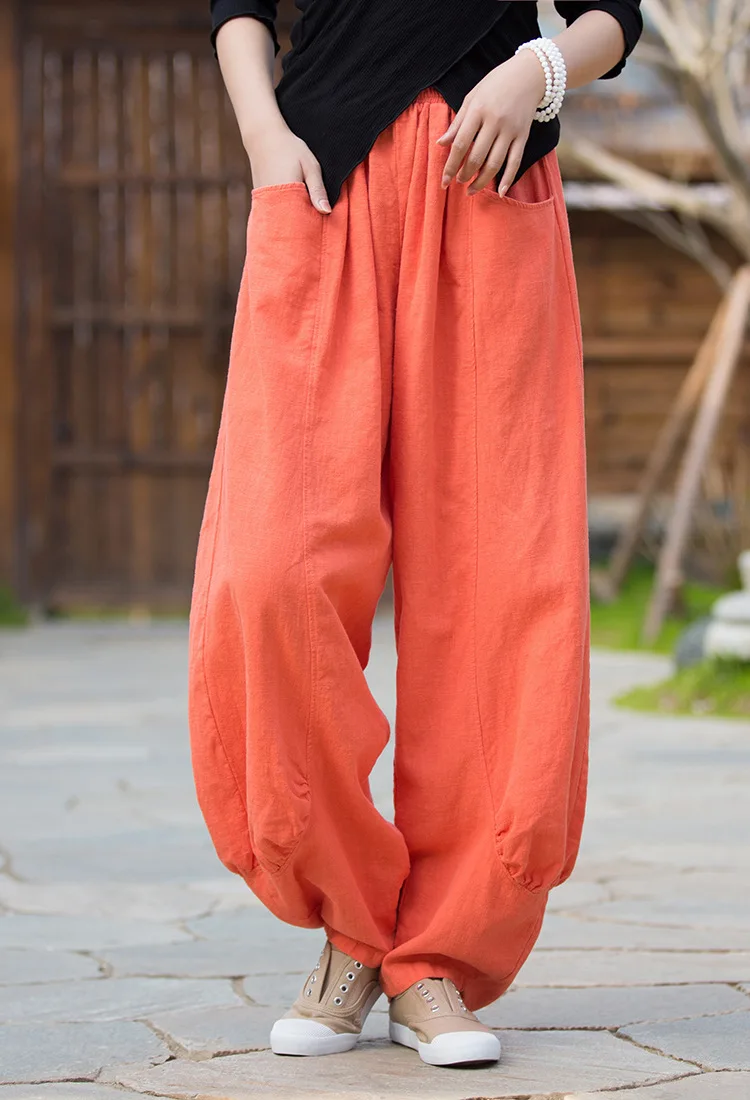 Johnature Women Casual Linen Wide Leg Pants Elastic Waist Solid Color Trouser Spring New 2026 Pockets Loose Vintage Long Pants